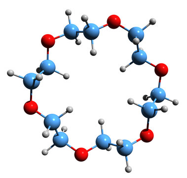 3D image of 18-Crown-6 skeletal formula - molecular chemical structure of hexaoxacyclooctadecane isolated on white background