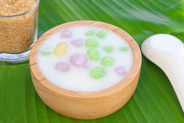 Thai dessert with colorful flour, milk and egg, rainbow tapioca Famous Thai dessert, Bualoy
