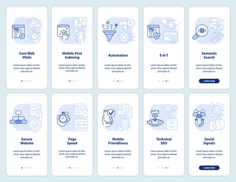 Search engine optimization light blue onboarding mobile app screen set. Walkthrough 5 steps editable instructions with linear concepts. UI, UX, GUI template. Myriad Pro-Bold, Regular fonts used
