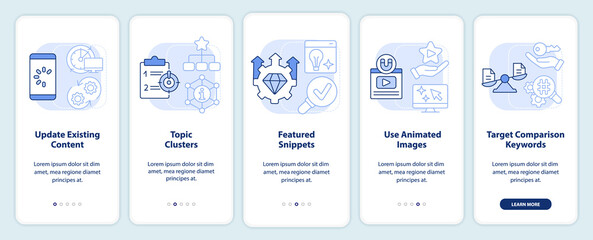 Advanced SEO techniques light blue onboarding mobile app screen. Walkthrough 5 steps editable graphic instructions with linear concepts. UI, UX, GUI template. Myriad Pro-Bold, Regular fonts used