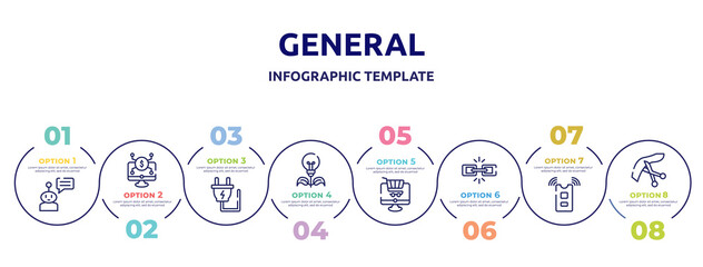 general concept infographic design template. included chat bot, digital economy, electric plug, energy efficiency, ecommerce platform, chain, active sensor, inauguration icons and 8 option or steps.