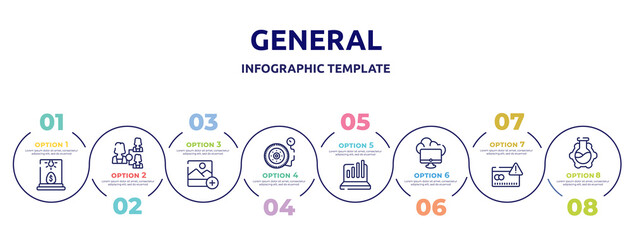 Fototapeta na wymiar general concept infographic design template. included business incubator, hr planning, add photos, inflate tire, info chart, edge computing, credit risk, bioengineering icons and 8 option or steps.