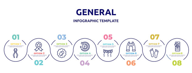 general concept infographic design template. included nail puller, winning, save water badge, rewind time, party decoration, binocular, steps, birthday present icons and 8 option or steps.