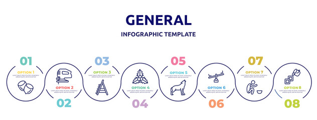 general concept infographic design template. included nuts, fretsaw, stepladder, mistletoe leaves, wolf howling, balancer, poor, live paint icons and 8 option or steps.