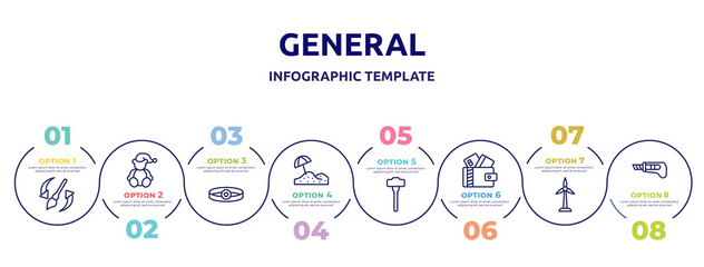 general concept infographic design template. included history brush, teddy bear with sleep hat, head mirror, sand, sledgehammer, card wallet, renewable energy label, stationery knife icons and 8