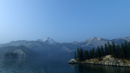 Lake in misty mountain landscape with pine trees under a blue sky. 3D render.