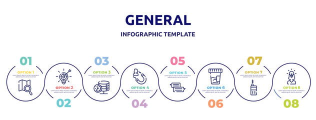general concept infographic design template. included map search, marketing strategy, real time data, user attraction, text chat, urine test, laser measurement, team leader icons and 8 option or