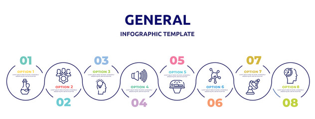 general concept infographic design template. included massage oil, project team, inspiration, sound control, solarium, organism, satellite antenna, patience icons and 8 option or steps.