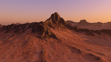 Fototapeta na wymiar Mountain peak in red desert at sunset. 3D render.