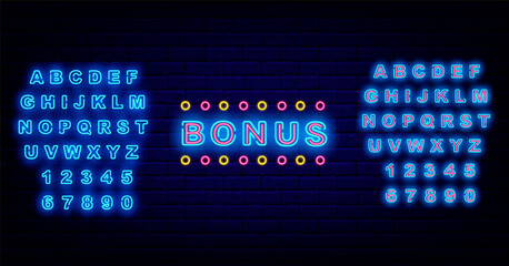 Bonus neon sign on brick wall. Casino concept. Shiny blue alphabet. Giveaway design. Vector stock illustration