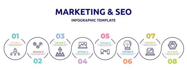 marketing & seo concept infographic design template. included org, mass media, seminar, graph notebook, weight loss, null, trending, ad blocker icons and 8 option or steps.