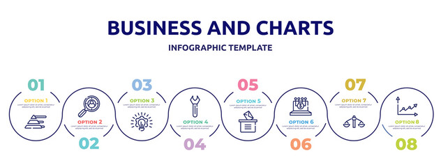 business and charts concept infographic design template. included pyramid stats, headhunting, creative plan, key tool, manual voting, digital finance, feasibility, line graph icons and 8 option or