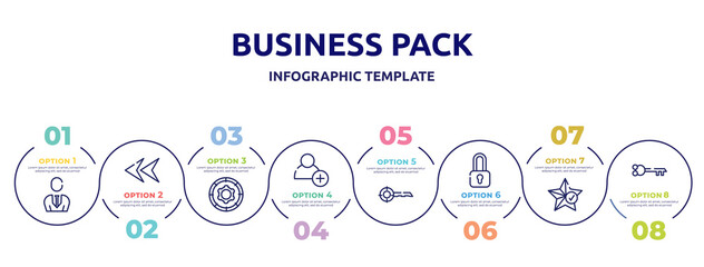 business pack concept infographic design template. included businessman with tie, left arrow head, function, hire, keywords, locked padlock, favorites, old key in diagonal icons and 8 option or