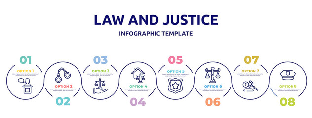 law and justice concept infographic design template. included witness, criminal law, justice scales in hand, real estate law, police badge, business ask a lawyer, police cap icons and 8 option or