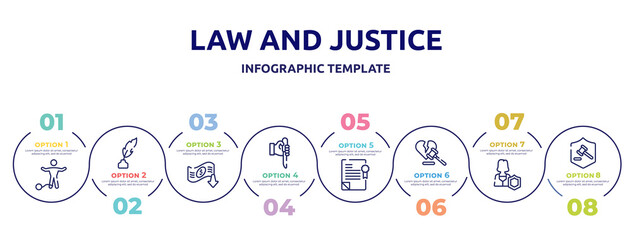 law and justice concept infographic design template. included guilty, feather pen, bankruptcy, murder, policy, divorce, custody, defense icons and 8 option or steps.