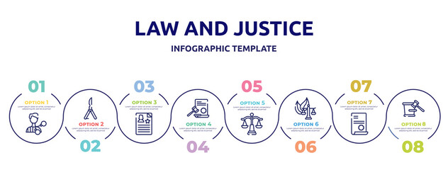 law and justice concept infographic design template. included criminal, butterfly knife, criminal record, law paper, law balance, environmental contract court trial icons and 8 option or steps.