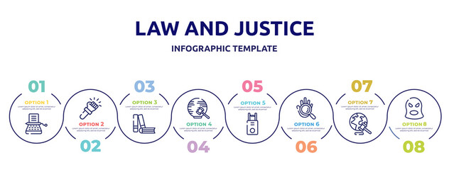 law and justice concept infographic design template. included stenographer, violence, practise areas, international law, electroshock weapon, evidence, diploy, balaclava icons and 8 option or steps.
