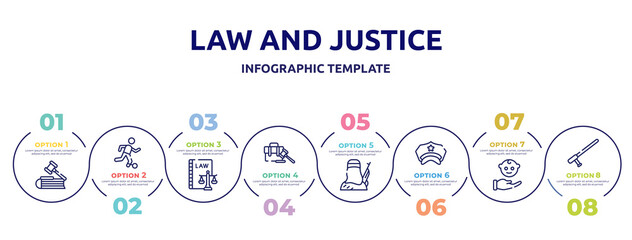 law and justice concept infographic design template. included employment law, escape, labour and social law, employment, , police hat, child custody, baton icons and 8 option or steps.