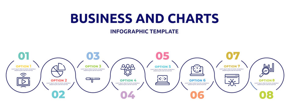 business and charts concept infographic design template. included live streaming, diagrams, baton stick, team management, clean code, circular clock, web crawler, search stats icons and 8 option or