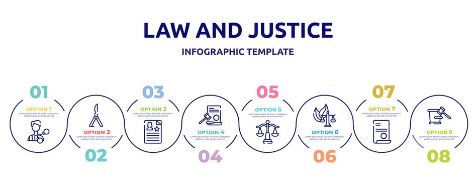 law and justice concept infographic design template. included criminal, butterfly knife, criminal record, law paper, law balance, environmental contract court trial icons and 8 option or steps.