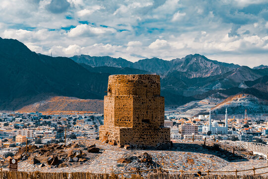 12th January, Khor Fakkan, UAE: Al-Rabi tower and UAE mountain landscape in Khor Fakkan city