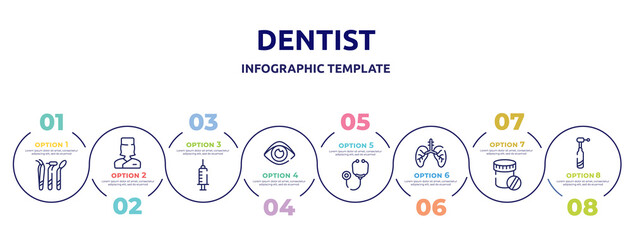 dentist concept infographic design template. included dentist tools, medical doctor specialist, anesthesia dentist injection diagonal, human eye shape, stethoscope, lungs with the trachea, drugs