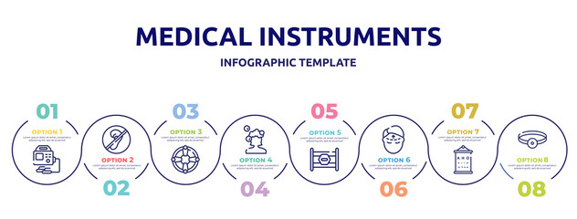 medical instruments concept infographic design template. included defibrillator, deaf, life saver, hair wash, road block, forehead, sight check table, head mirror icons and 8 option or steps. - obrazy, fototapety, plakaty