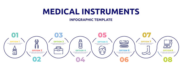 medical instruments concept infographic design template. included drop medicine, tooth pliers, organ container, body oil, aesthetic, dentures, ankle, ultrasonography icons and 8 option or steps.