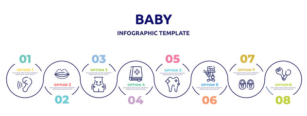 baby concept infographic design template. included hearing, sil, operating, medicine book, orthodontic, ventilator, baby shoes, spoon and fork icons and 8 option or steps.