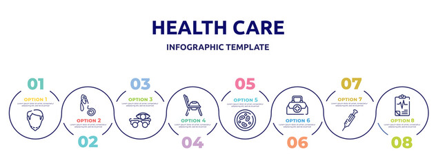 health care concept infographic design template. included chin, oxygen mask, optometrist, potty, microscopic, doctor briefcase, syringe needle, medical results icons and 8 option or steps.