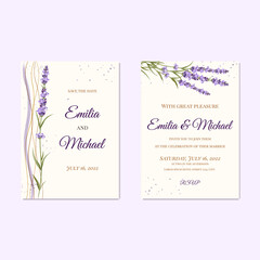 Floral wedding invitation card template design, lavander flowers with leaves  Watercolor vector illustration