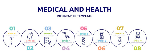 medical and health concept infographic design template. included dental drill, type b, antibiotic, forcep, hydratation, medicine jar, orthopedics, dialysis icons and 8 option or steps.