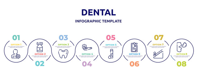 dental concept infographic design template. included woman with flower, medicine container, teeth black shape, travel insurance, test tube and drop, clinic history, null, bad breath icons and 8