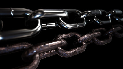 Realistic 3D illustration of the new stainless steel chain and weathered corroded aged steel chain rendered as background