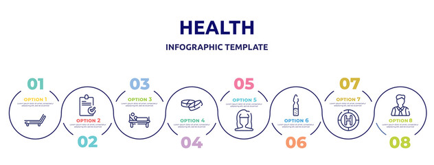 health concept infographic design template. included deckchair, stais, patient in hospital bed, medicine tablets, woman dark long hair shape, ampoul, heliport, executive man icons and 8 option or