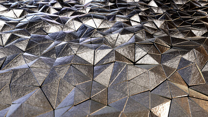 Realistic 3D illustration of the shiny silver metallic textured triangles pattern rendered as  background