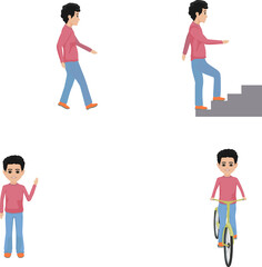 same boy climbing stairs, walking, biking and waving