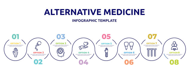 alternative medicine concept infographic design template. included allergic, pear enema, negativity, medical care, splint, incisor, sample tube, apitherapy icons and 8 option or steps.