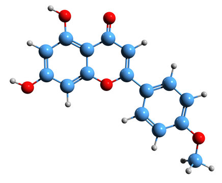 3D image of Acacetin skeletal formula - molecular chemical structure of methylated flavone isolated on white background

