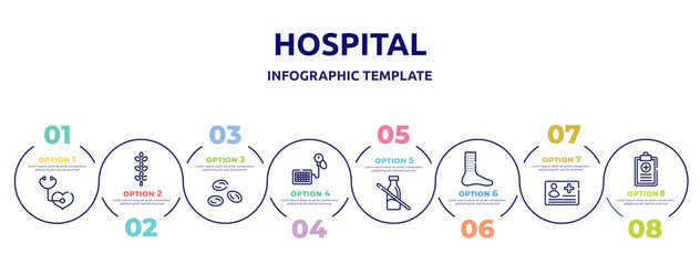 hospital concept infographic design template. included medical checkup, lupin, blood cells, tensiometer, lactose intolerant, urticaria, medical card, health report icons and 8 option or steps.