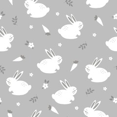 Simple rabbits pattern. white hares, carrots and flowers. grey   background. Fashionable print for children's textiles, wallpaper and packaging.