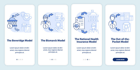 Naklejka premium Major health care models light blue onboarding mobile app screen. Walkthrough 4 steps editable graphic instructions with linear concepts. UI, UX, GUI template. Myriad Pro-Bold, Regular fonts used