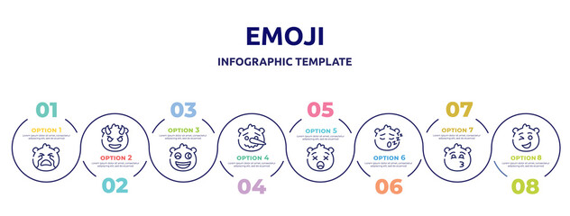 emoji concept infographic design template. included crying emoji, smiling with horns emoji, weird lying frowning with open mouth sleep kissing with smiling eyes wink icons and 8 option or steps.