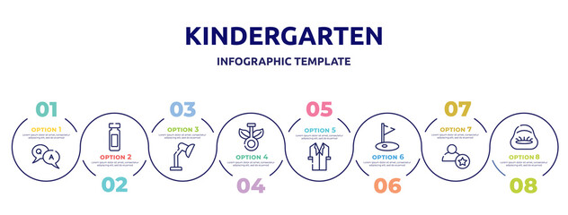 kindergarten concept infographic design template. included qa, reusable bottle, adjustable lamp, chlorophyll, lab coat, golf field, novice, beanbag icons and 8 option or steps.