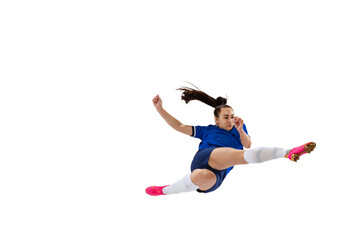 Dynamic portrait of female professional soccer, football player practicing isolated on white studio background. Sport, action, motion, fitness concept