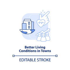 Better living conditions in towns light blue concept icon. Improve healthcare access abstract idea thin line illustration. Isolated outline drawing. Editable stroke. Arial, Myriad Pro-Bold fonts used
