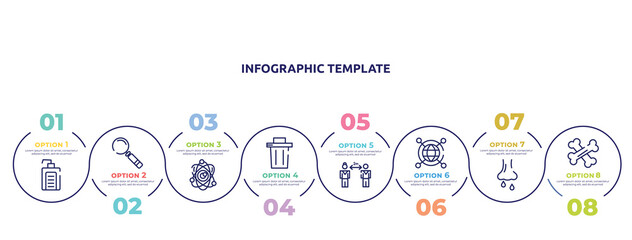 concept infographic design template. included hand soap, magnifying glass, science, garbage, keep distance, spreading, rhinitis, bone icons and 8 option or steps.