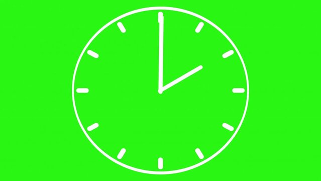 Animated white clock on a green background, close-up, 4k resolution
