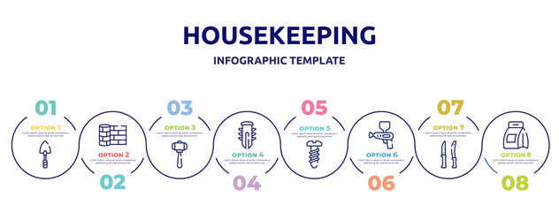 housekeeping concept infographic design template. included garden trowel, linoleum, big hammer, dyupel, bolts, spray gun, knives, washing powder icons and 8 option or steps.
