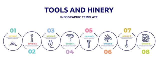 Obraz premium tools and hinery concept infographic design template. included broken cable, big double wrench, electrical plug, brush for painting, sliding scale, jackknife, long shovel, electric gauge icons and 8